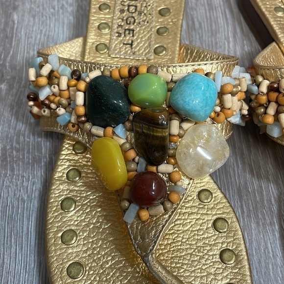 Bridget Shuster Gold Leather Thong Slip On Sandals Beaded Natural Stones 6.5 - Picture 2 of 15